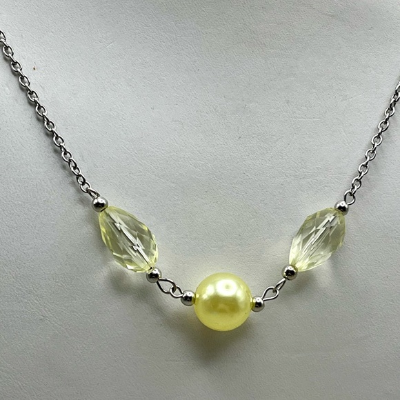 Jewelry - Dainty Silver Tone Chain Necklace with Pale Yellow Pearl & Crystal Beads